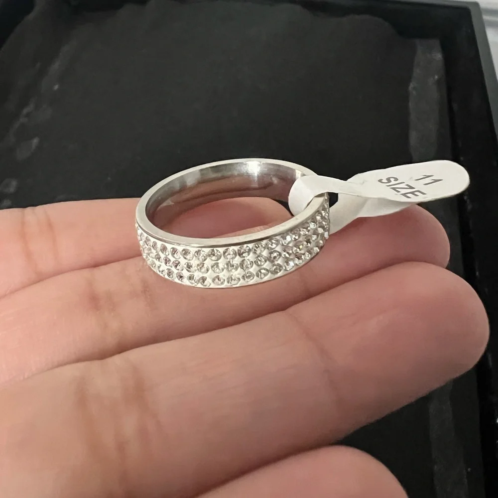 Men's Three Row Crystal Silver Plated Stainless Steel Ring Size 11 New